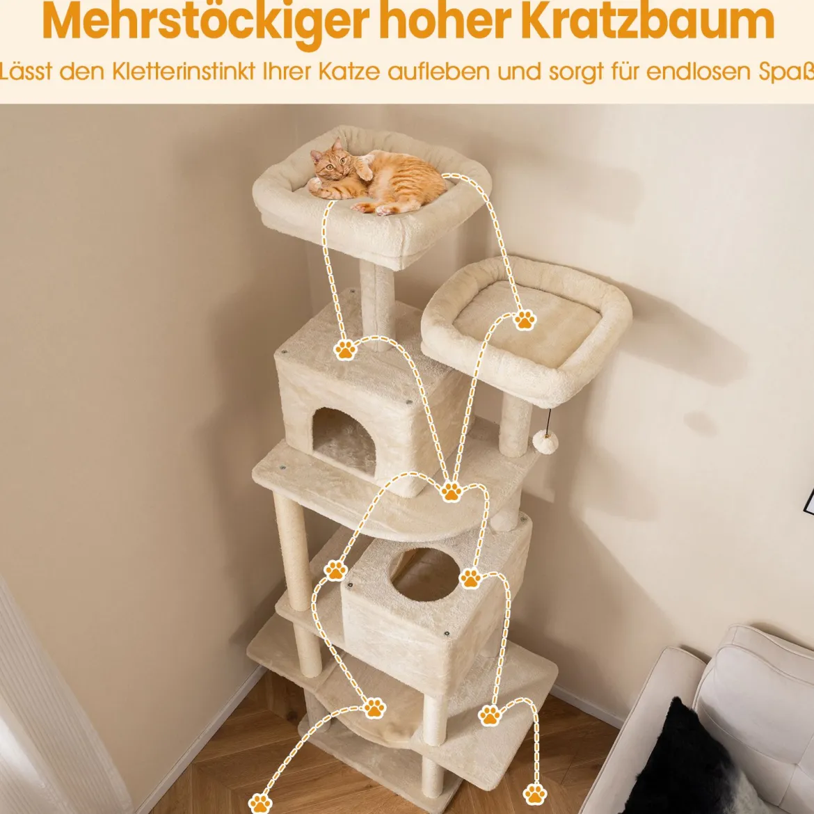 205cm Kratzbaum groß mehrstufiger Katzenbaum mit 2 Höhlen 2 Liegeflächen Sisal-Kratzpfosten Beige