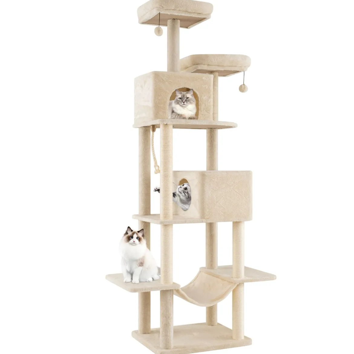 205cm Kratzbaum groß mehrstufiger Katzenbaum mit 2 Höhlen 2 Liegeflächen Sisal-Kratzpfosten Beige
