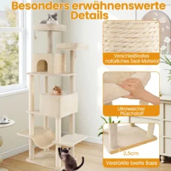 205cm Kratzbaum groß mehrstufiger Katzenbaum mit 2 Höhlen 2 Liegeflächen Sisal-Kratzpfosten Beige