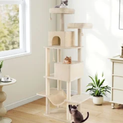205cm Kratzbaum groß mehrstufiger Katzenbaum mit 2 Höhlen 2 Liegeflächen Sisal-Kratzpfosten Beige