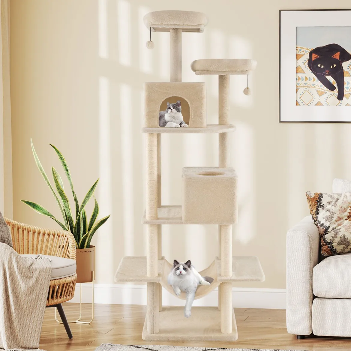 205cm Kratzbaum groß mehrstufiger Katzenbaum mit 2 Höhlen 2 Liegeflächen Sisal-Kratzpfosten Beige