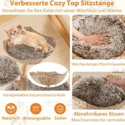 105cm Kratzbaum Holz Katzenbaum mit Katzenhöhle 2 Plüschsitzflächen Korb Kratzpfosten