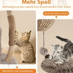 105cm Kratzbaum Holz Katzenbaum mit Katzenhöhle 2 Plüschsitzflächen Korb Kratzpfosten