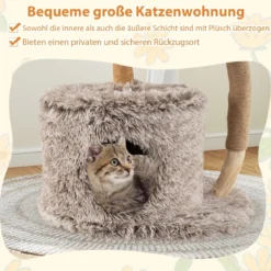 105cm Kratzbaum Holz Katzenbaum mit Katzenhöhle 2 Plüschsitzflächen Korb Kratzpfosten