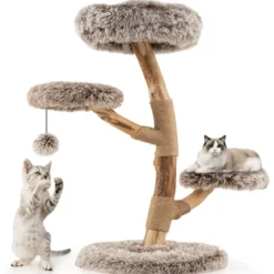 90 cm Kratzbaum Holz Katzenbaum mit 4 Plüschsitzflächen Ball & Kratzpfosten aus Jute