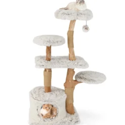 135cm Kratzbaum Holz Katzenbaum mit Katzenhöhle Plüschsitzfläche Sitzplattform & Ball Weiß