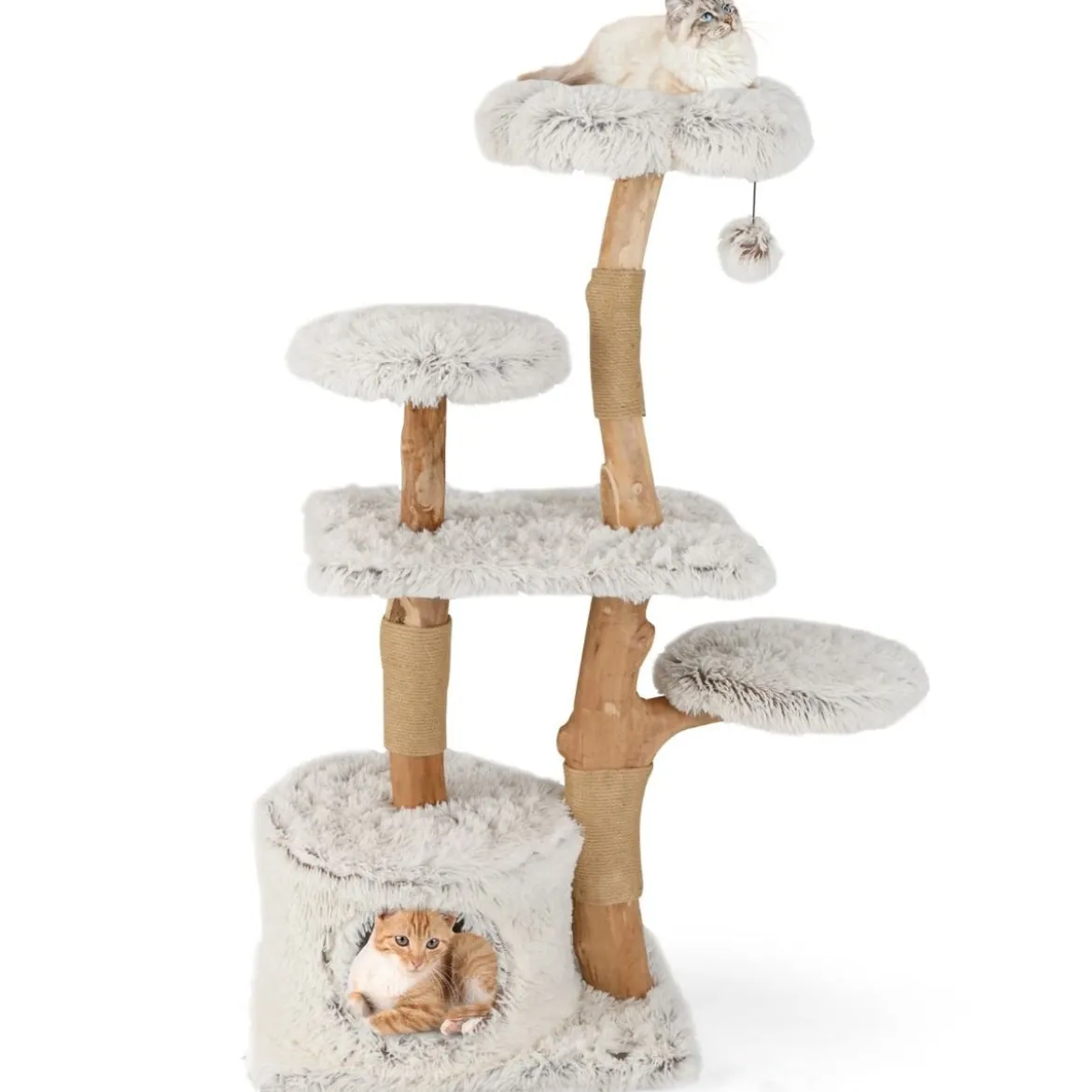 135cm Kratzbaum Holz Katzenbaum mit Katzenhöhle Plüschsitzfläche Sitzplattform & Ball Weiß