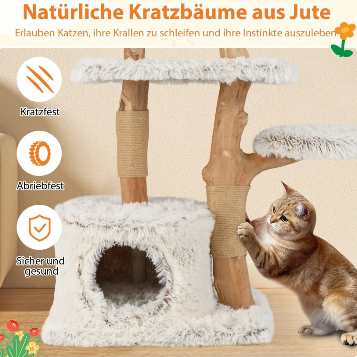 135cm Kratzbaum Holz Katzenbaum mit Katzenhöhle Plüschsitzfläche Sitzplattform & Ball Weiß
