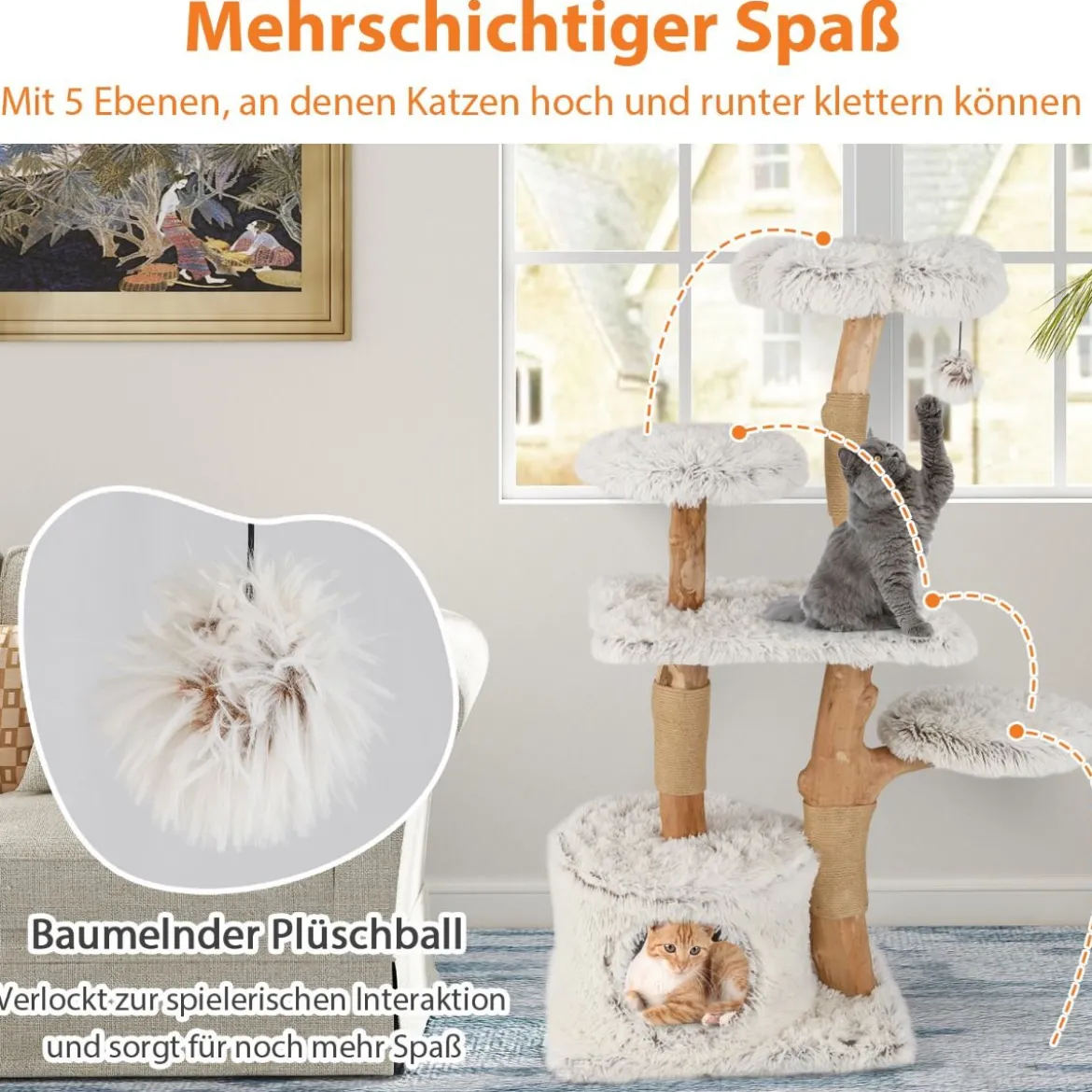 135cm Kratzbaum Holz Katzenbaum mit Katzenhöhle Plüschsitzfläche Sitzplattform & Ball Weiß
