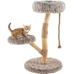 90 cm Kratzbaum Holz Katzenbaum mit 3 Plüschsitzflächen Seil & Kratzpfosten aus Jute Katzenturm Katzenmöbel Massivholz Braun+Natur