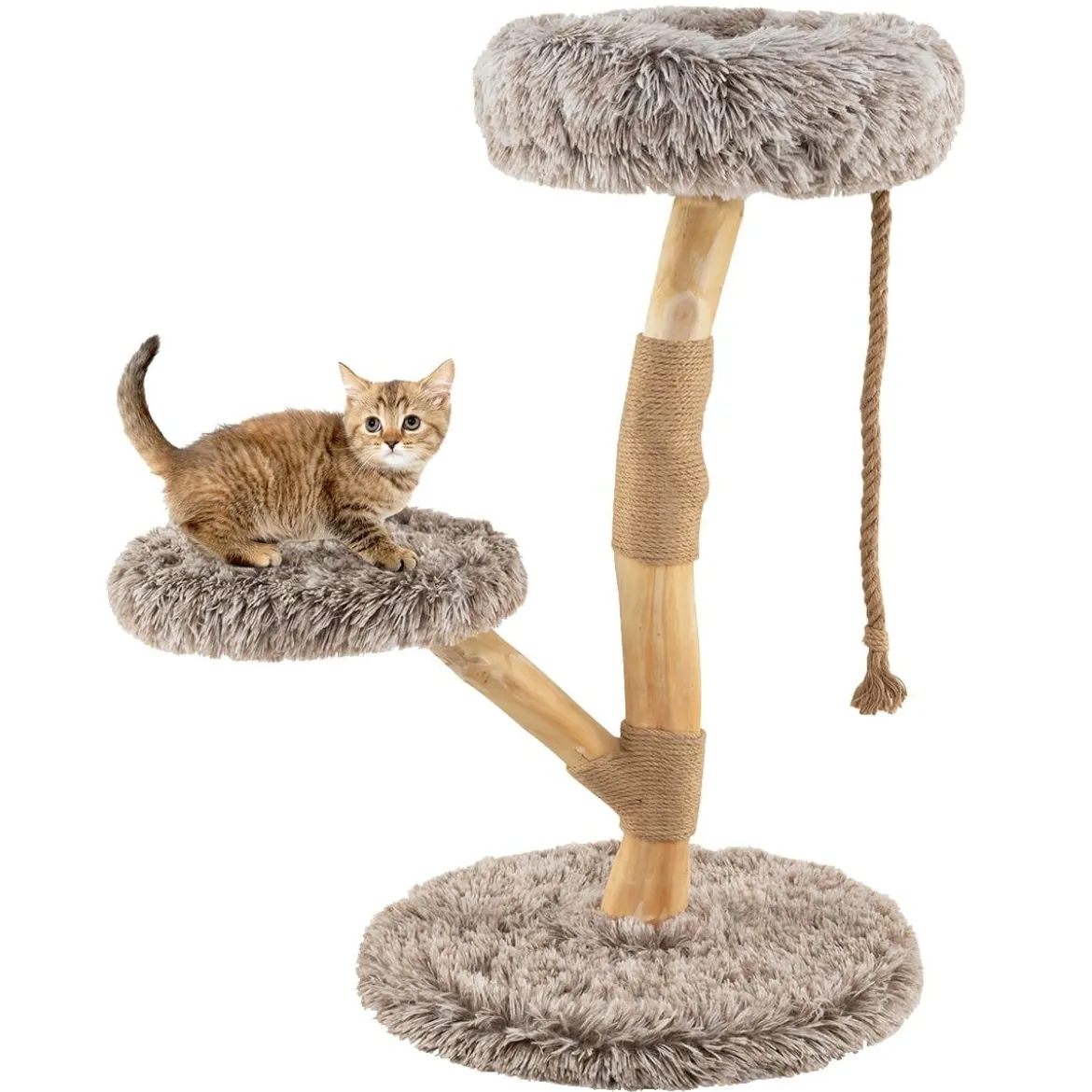 90 cm Kratzbaum Holz Katzenbaum mit 3 Plüschsitzflächen Seil & Kratzpfosten aus Jute Katzenturm Katzenmöbel Massivholz Braun+Natur