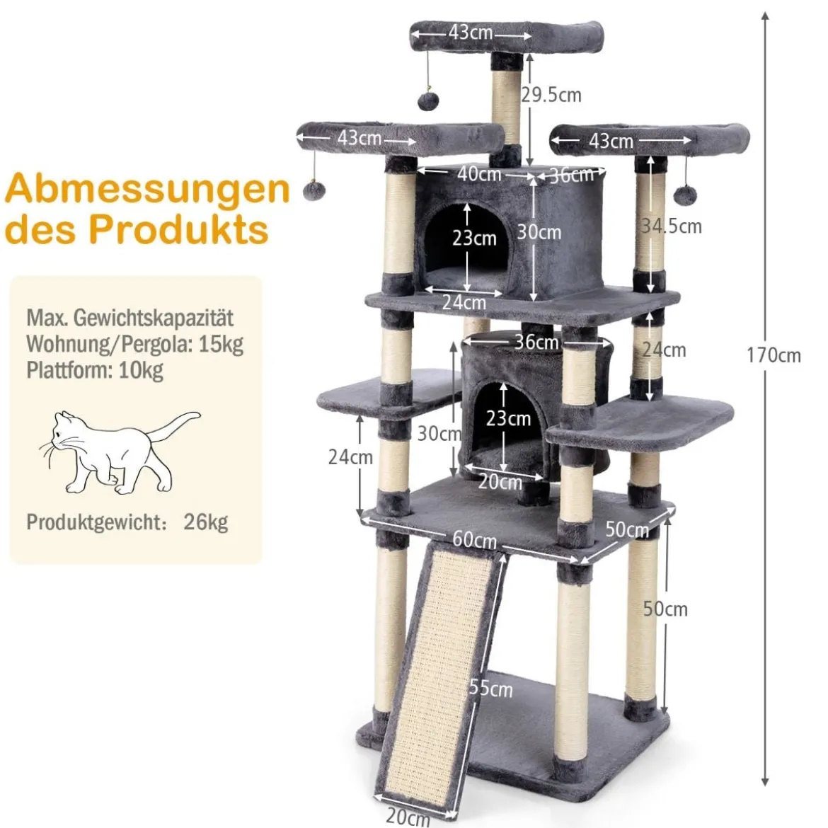 170cm Kratzbaum Kletterbaum Katzenbaum Katzenkratzbaum Kratzmöbel Kratzstämme Höhle mit Spielbälle