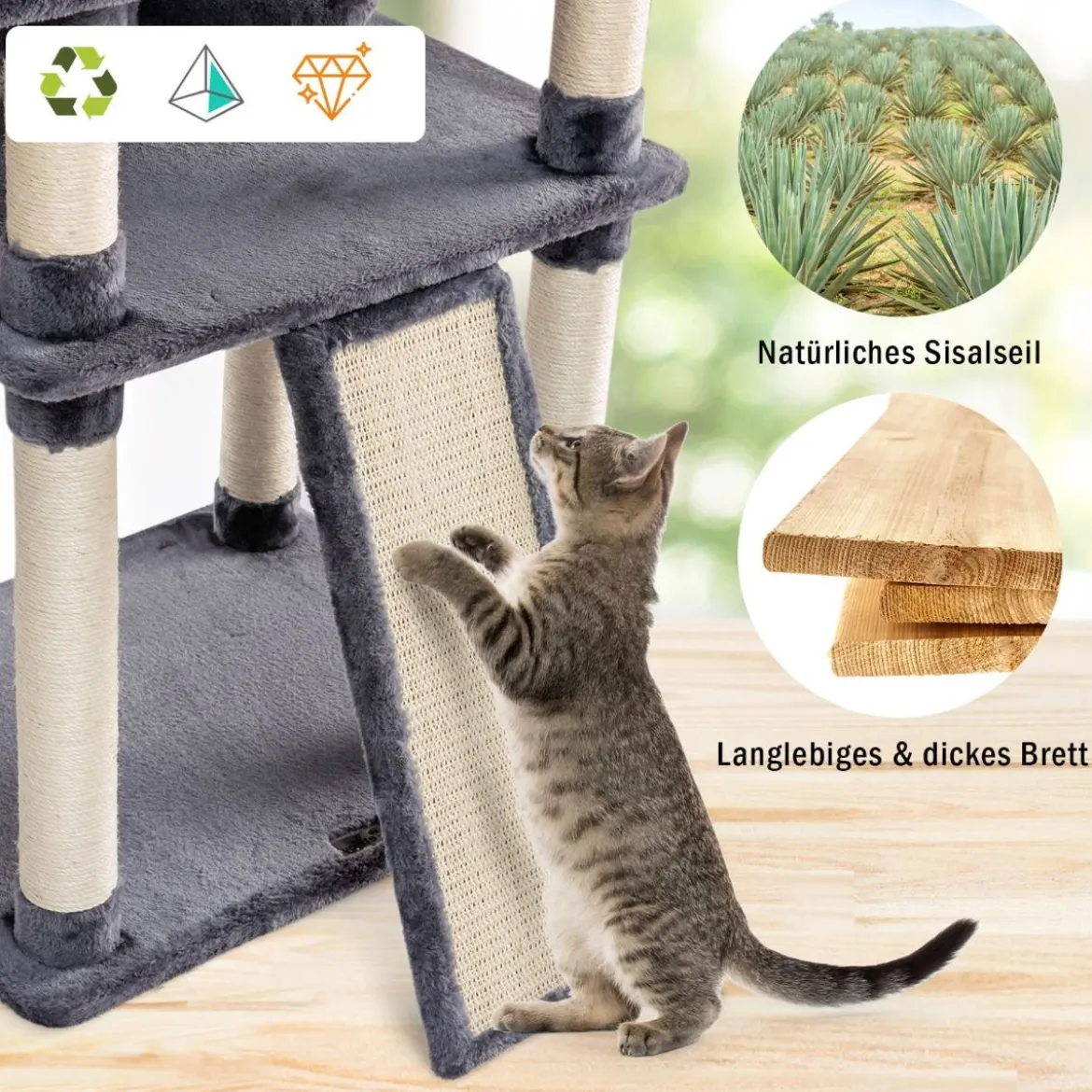 170cm Kratzbaum Kletterbaum Katzenbaum Katzenkratzbaum Kratzmöbel Kratzstämme Höhle mit Spielbälle