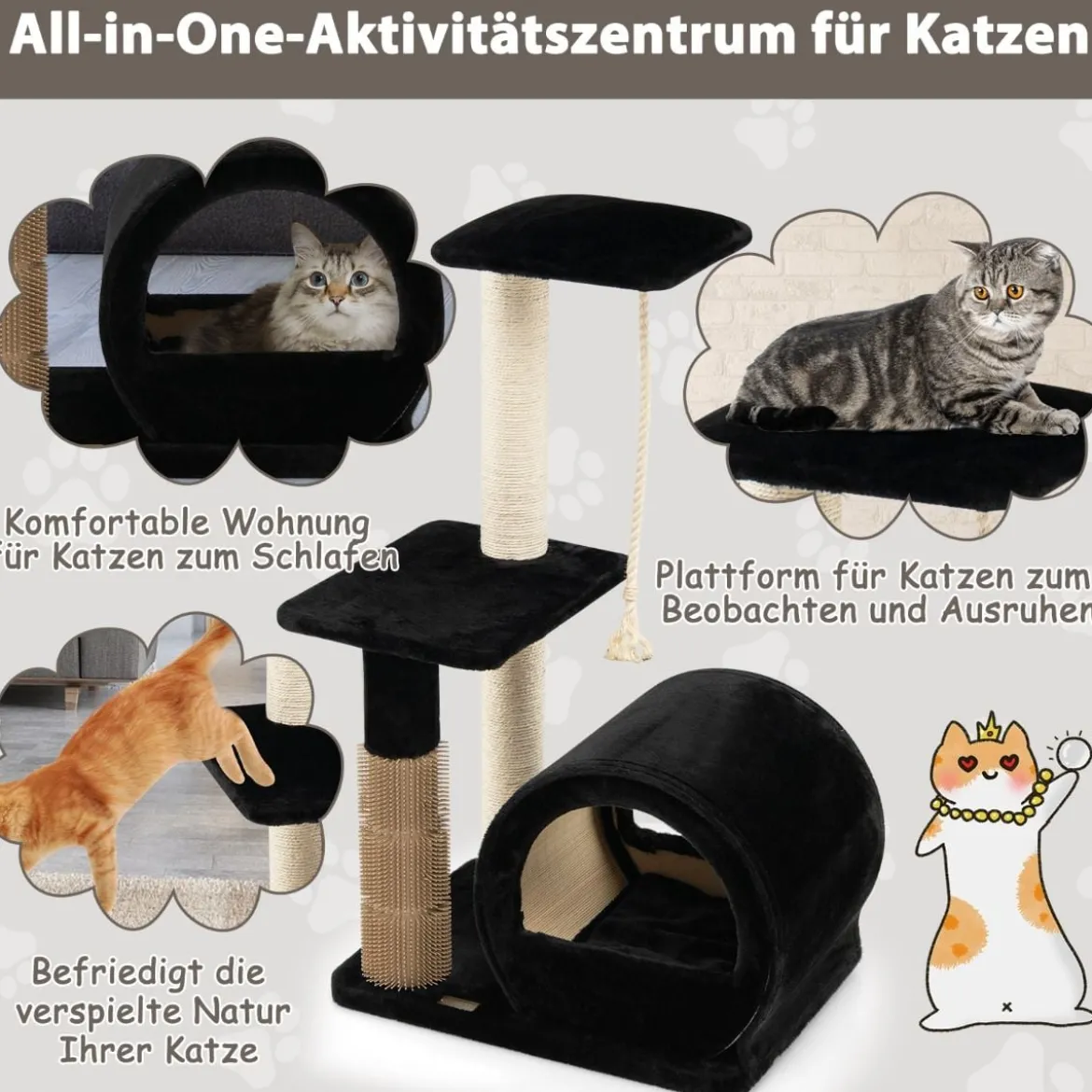 92 cm Kratzbaum mit Höhle & Kratzbrett & Pflegebürste & Ball & Plüschsitz Schwarz