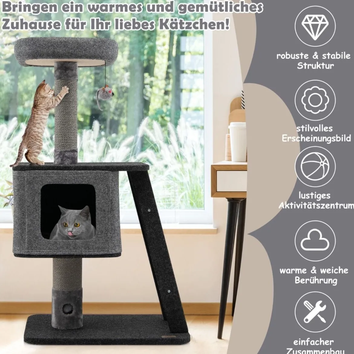 108 cm Kratzbaum mit Katzenhöhle & Kratzrampe & Kratzbrett & Ball Katzenbaum Kletterbaum Grau