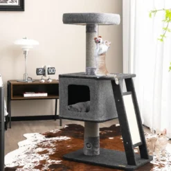 108 cm Kratzbaum mit Katzenhöhle & Kratzrampe & Kratzbrett & Ball Katzenbaum Kletterbaum Grau