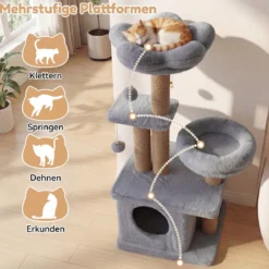 96 cm Kratzbaum mit Katzenhöhle & Plattform & Bett & 2 Bällen Katzenturm Katzenkratzbaum Grau
