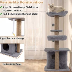 96 cm Kratzbaum mit Katzenhöhle & Plattform & Bett & 2 Bällen Katzenturm Katzenkratzbaum Grau