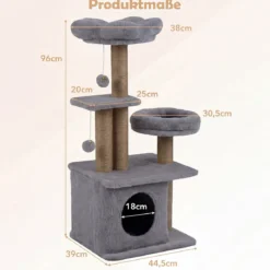 96 cm Kratzbaum mit Katzenhöhle & Plattform & Bett & 2 Bällen Katzenturm Katzenkratzbaum Grau