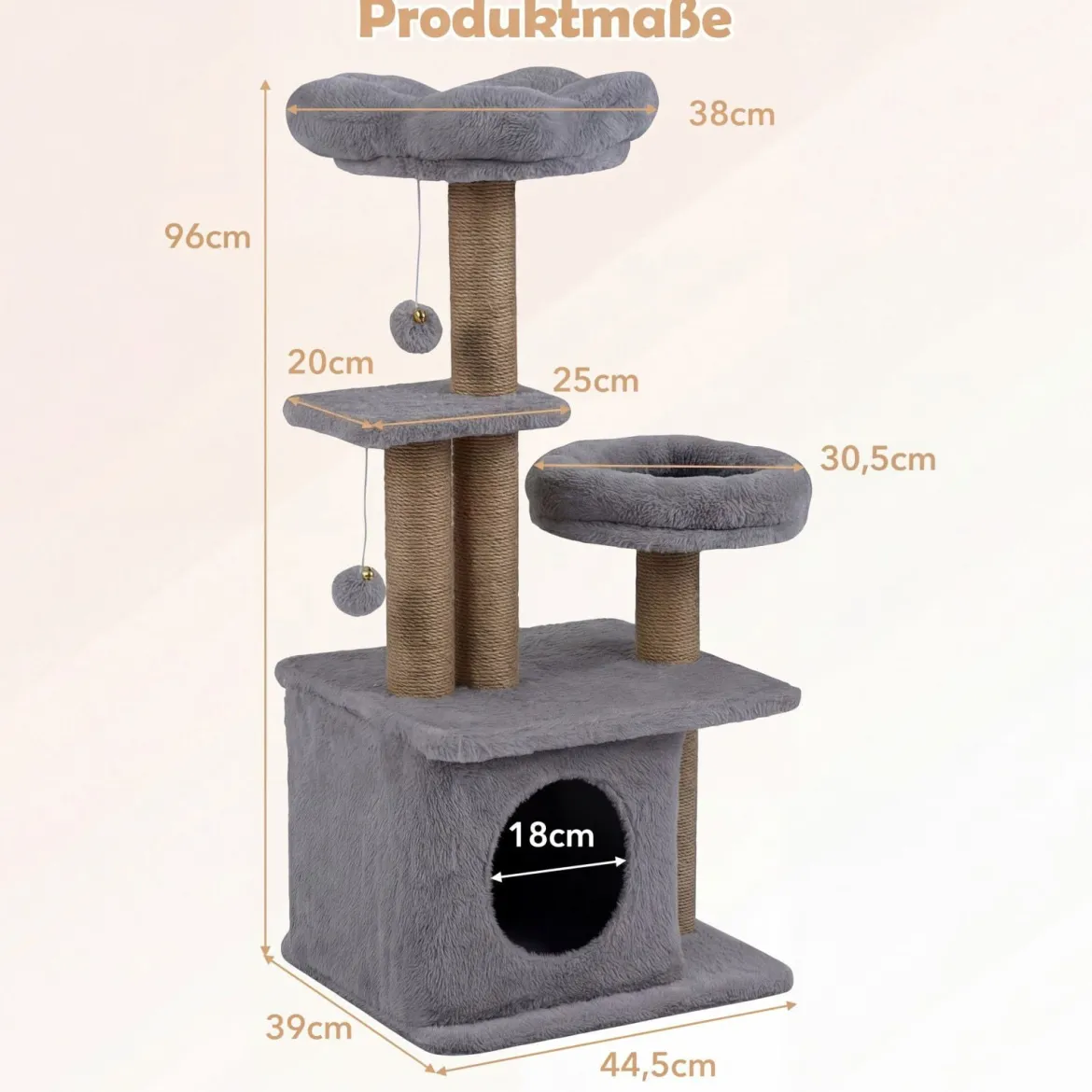 96 cm Kratzbaum mit Katzenhöhle & Plattform & Bett & 2 Bällen Katzenturm Katzenkratzbaum Grau