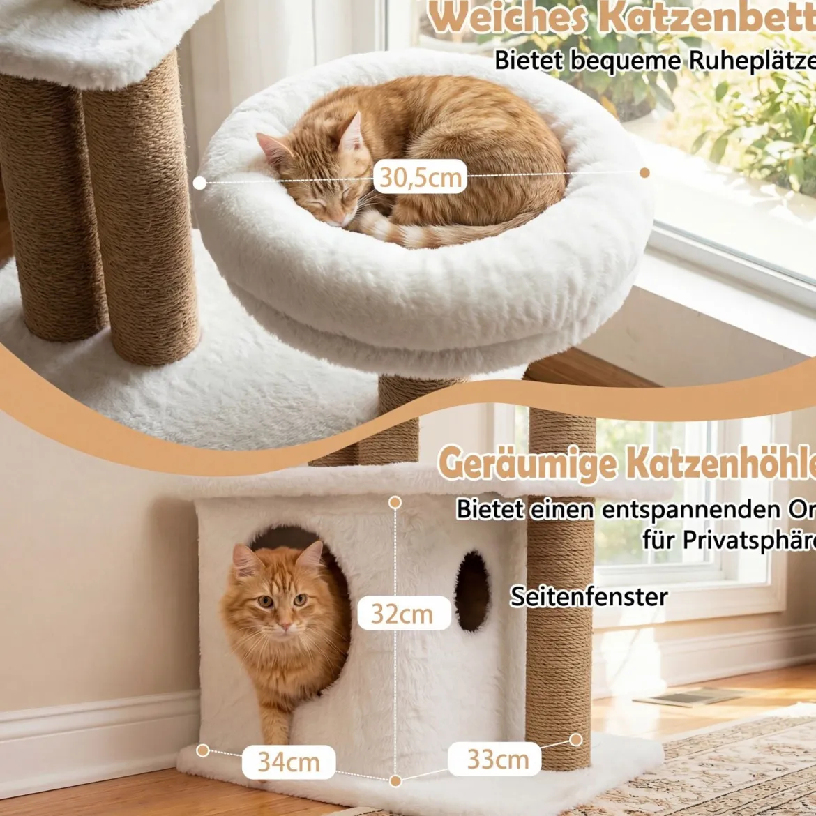 96 cm Kratzbaum mit Katzenhöhle & Plattform & Bett & 2 Bällen Katzenturm Katzenkratzbaum Beige