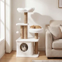 96 cm Kratzbaum mit Katzenhöhle & Plattform & Bett & 2 Bällen Katzenturm Katzenkratzbaum Beige