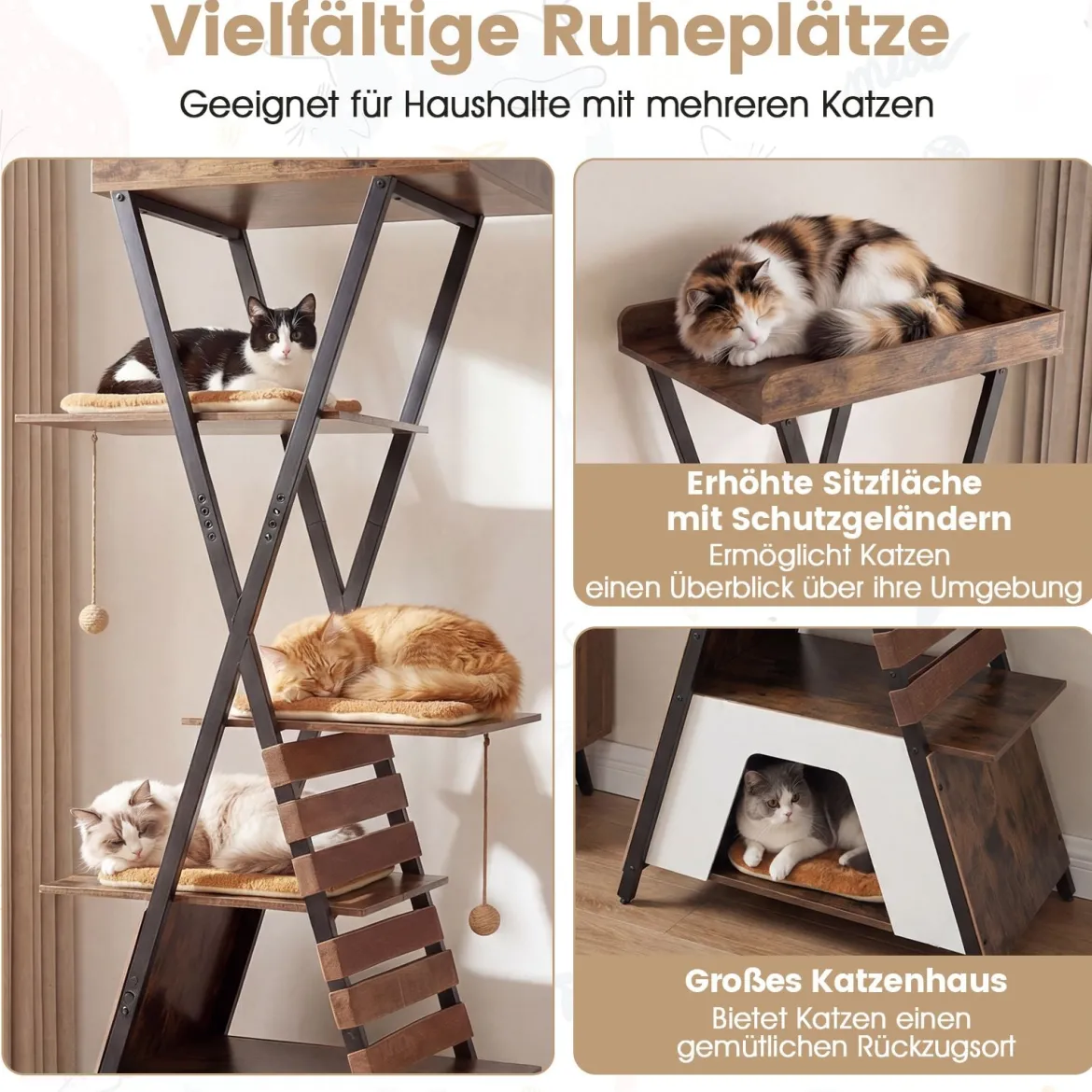 185 cm Kratzbaum mit 4 Plattformen & Höhle & Abnehmbaren Matten Katzenbaum Katzenhaus