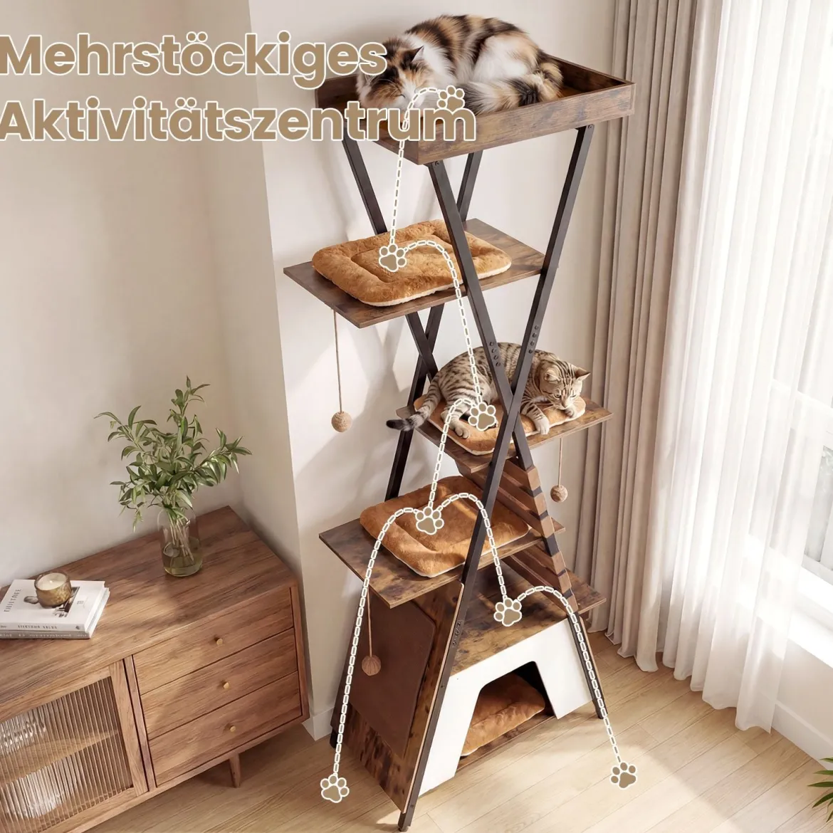 185 cm Kratzbaum mit 4 Plattformen & Höhle & Abnehmbaren Matten Katzenbaum Katzenhaus