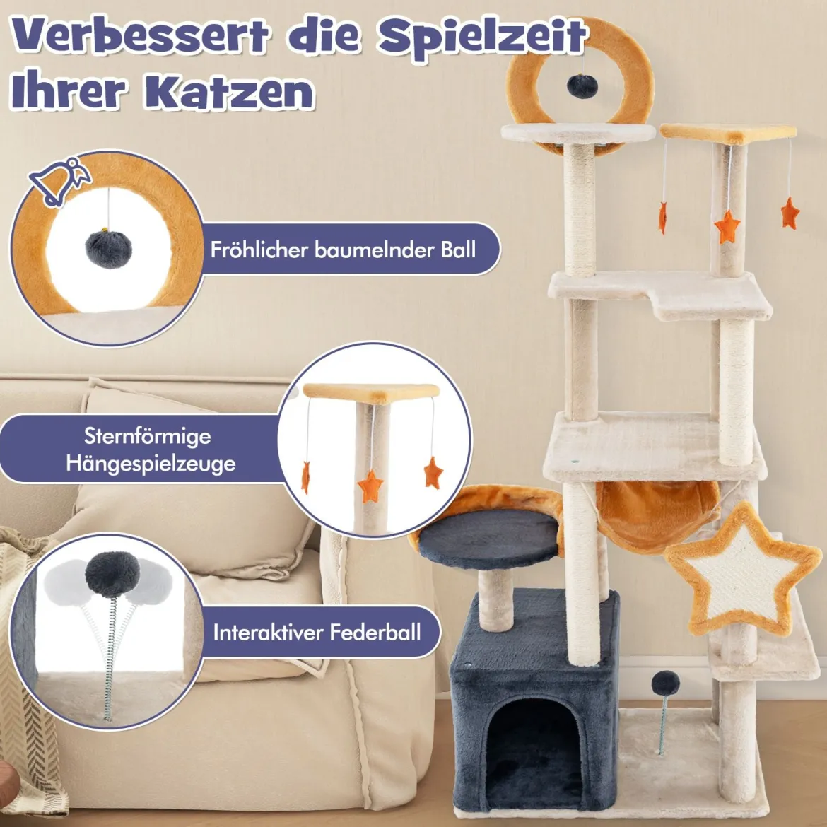 160 cm Kratzbaum mit Sisal-Kratzpfosten & -Brett & Haus Mehrstöckiger Katzenbaum Katzenturm