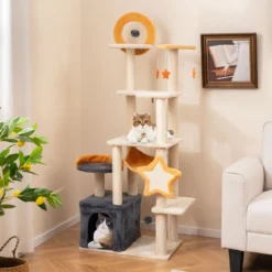 160 cm Kratzbaum mit Sisal-Kratzpfosten & -Brett & Haus Mehrstöckiger Katzenbaum Katzenturm