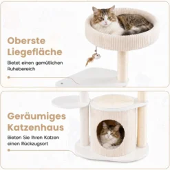105 cm Kratzbaum mit Sisal Kratzstämmen Kleiner Katzenbaum mit Katzenhäuschen & Katzenbett Weiß