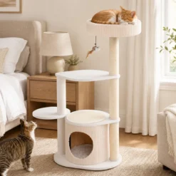 105 cm Kratzbaum mit Sisal Kratzstämmen Kleiner Katzenbaum mit Katzenhäuschen & Katzenbett Weiß