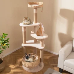164 cm Kratzbaum mit Sitzstange & Rohrkolben Korbbett 6-stöckiges Kletterbaum Katzenbaum