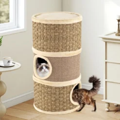 Ø 36 cm Kratztonne mit Seegras-Seil & Sisal-Kratzbrett & 3 Höhlen Katzentonne Kratzbaum