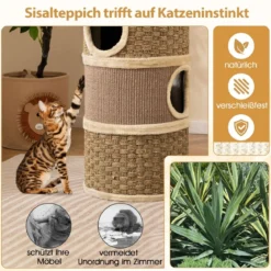 Ø 36 cm Kratztonne mit Seegras-Seil & Sisal-Kratzbrett & 3 Höhlen Katzentonne Kratzbaum