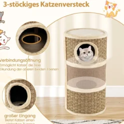 Ø 36 cm Kratztonne mit Seegras-Seil & Sisal-Kratzbrett & 3 Höhlen Katzentonne Kratzbaum