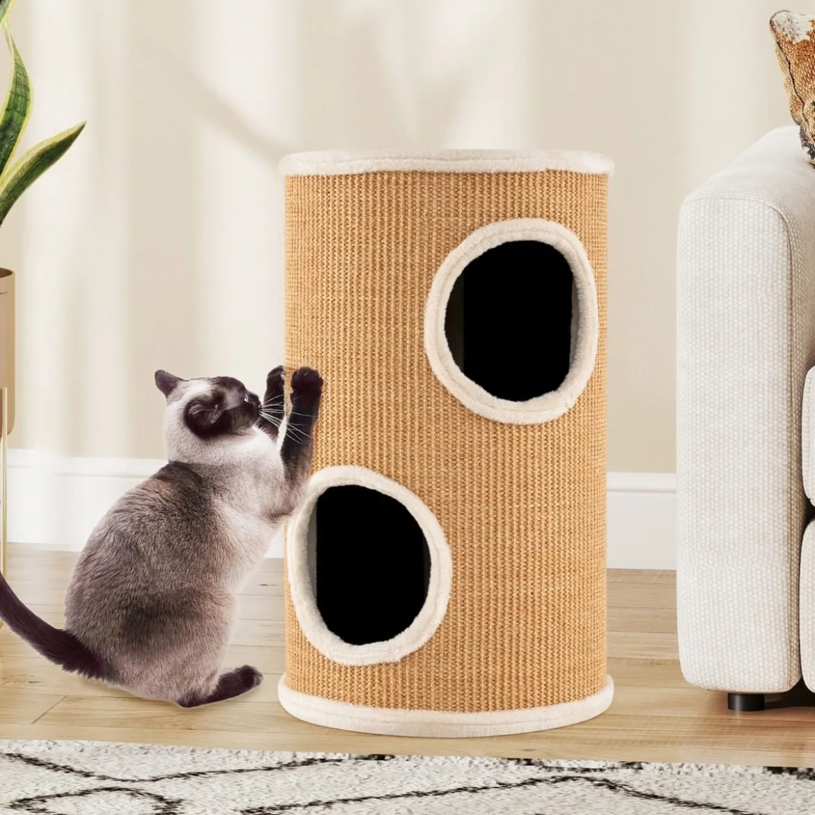 Ø 36 cm Kratztonne mit Sisal-Kratzbrett & 3 Katzenhöhlen & Plüschbett Katzentonne Beige