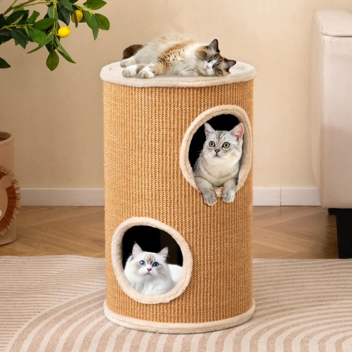 Ø 36 cm Kratztonne mit Sisal-Kratzbrett & 3 Katzenhöhlen & Plüschbett Katzentonne Beige