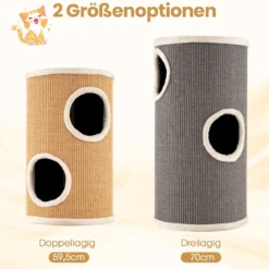 Ø 36 cm Kratztonne mit Sisal-Kratzbrett & 3 Katzenhöhlen & Plüschbett Katzentonne Beige