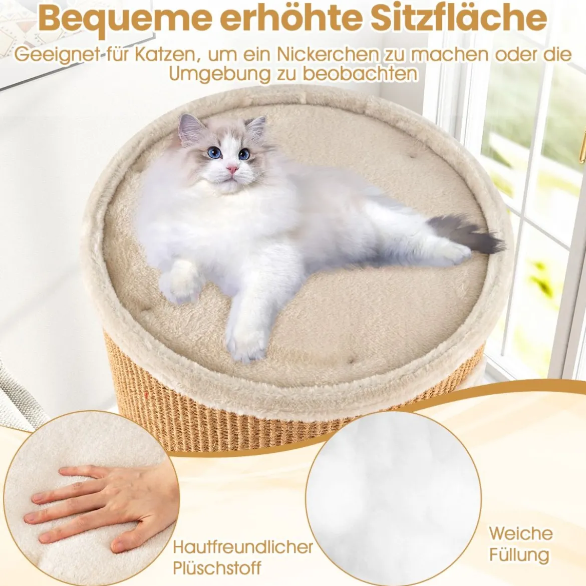 Ø 36 cm Kratztonne mit Sisal-Kratzbrett & 3 Katzenhöhlen & Plüschbett Katzentonne Beige