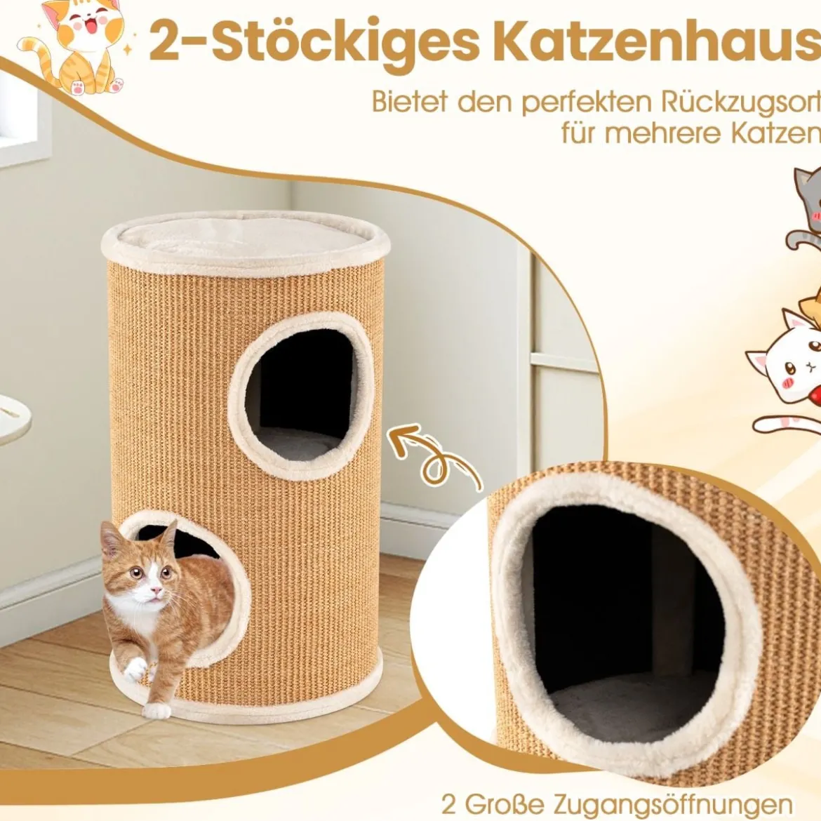 Ø 36 cm Kratztonne mit Sisal-Kratzbrett & 3 Katzenhöhlen & Plüschbett Katzentonne Beige