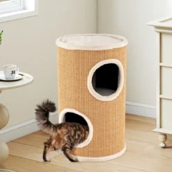 Ø 36 cm Kratztonne mit Sisal-Kratzbrett & 3 Katzenhöhlen & Plüschbett Katzentonne Beige