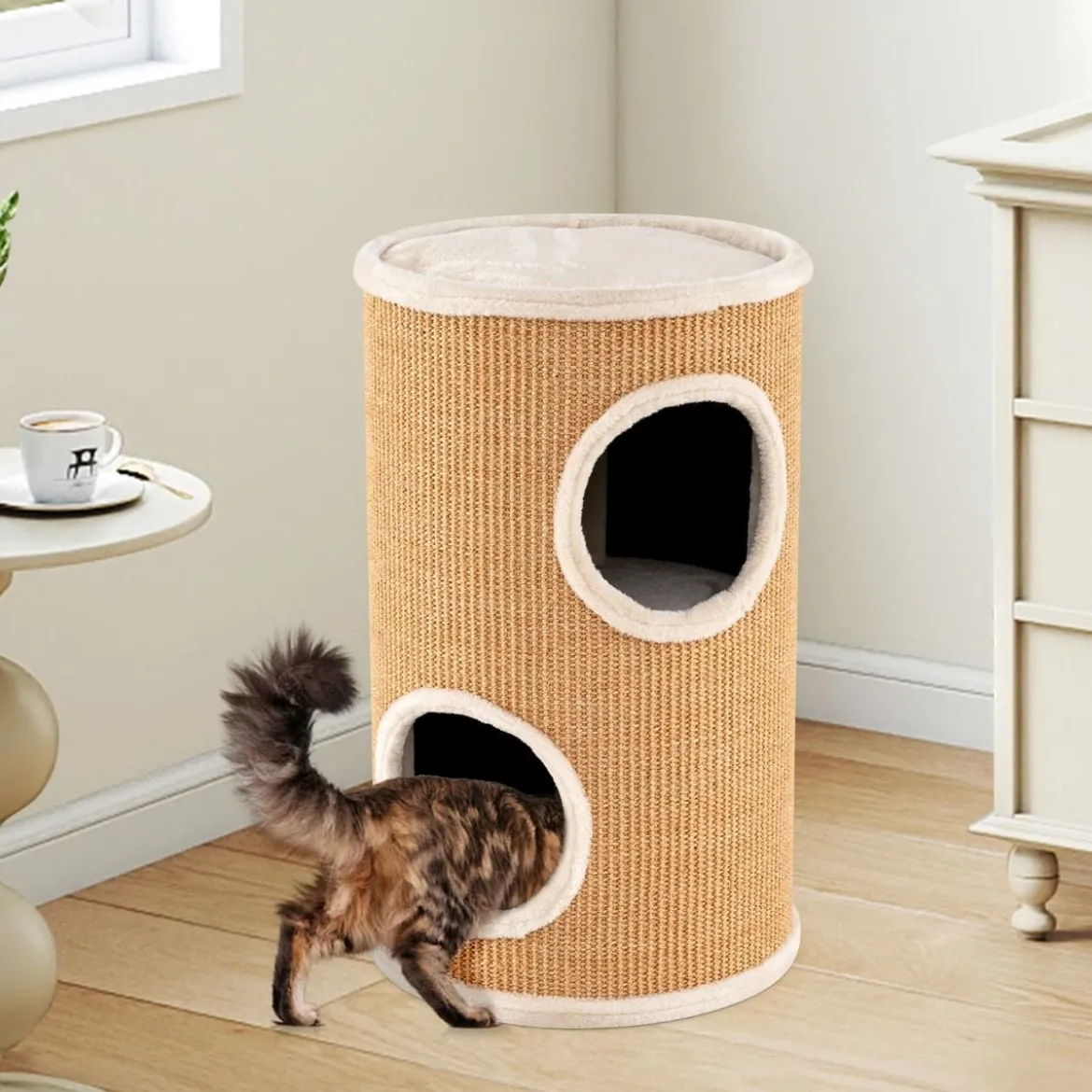 Ø 36 cm Kratztonne mit Sisal-Kratzbrett & 3 Katzenhöhlen & Plüschbett Katzentonne Beige
