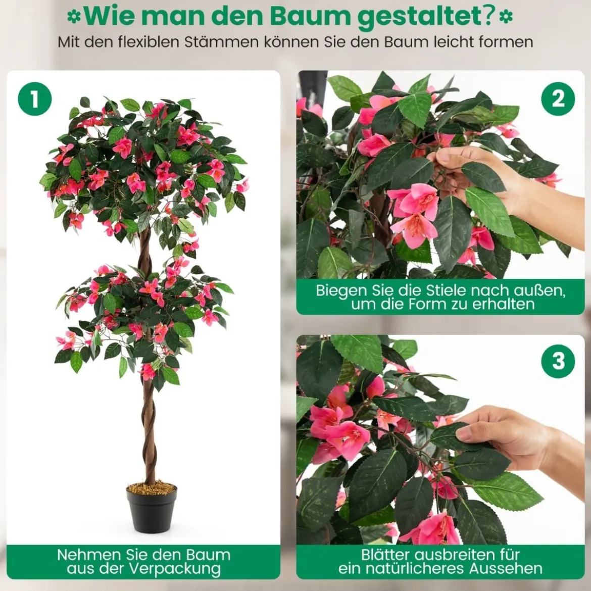 150 cm Kunstbaum im Topf mit 252 Blüten & Natürlichen Blättern & Stamm Bougainvillee