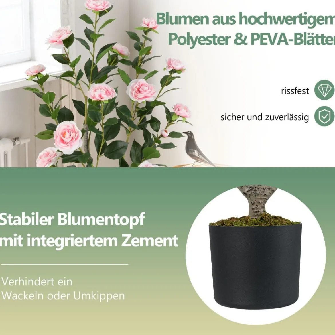 90 cm Kunstbaum mit Blüten Künstlicher Kamelienbaum Kunstpflanze im Topf Kamelienpflanze Rosa/Weiß