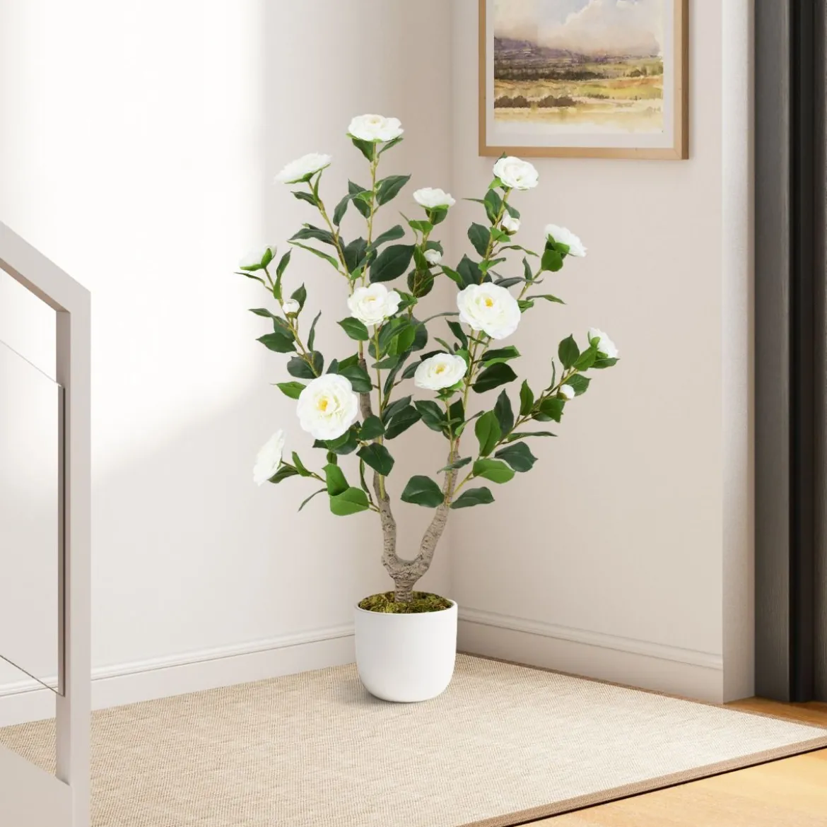 90 cm Kunstbaum mit Blüten Künstlicher Kamelienbaum Kunstpflanze im Topf Kamelienpflanze Rosa/Weiß