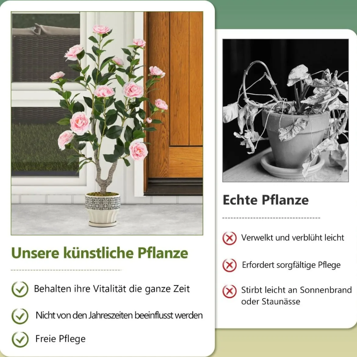 90 cm Kunstbaum mit Blüten Künstlicher Kamelienbaum Kunstpflanze im Topf Kamelienpflanze Rosa/Weiß