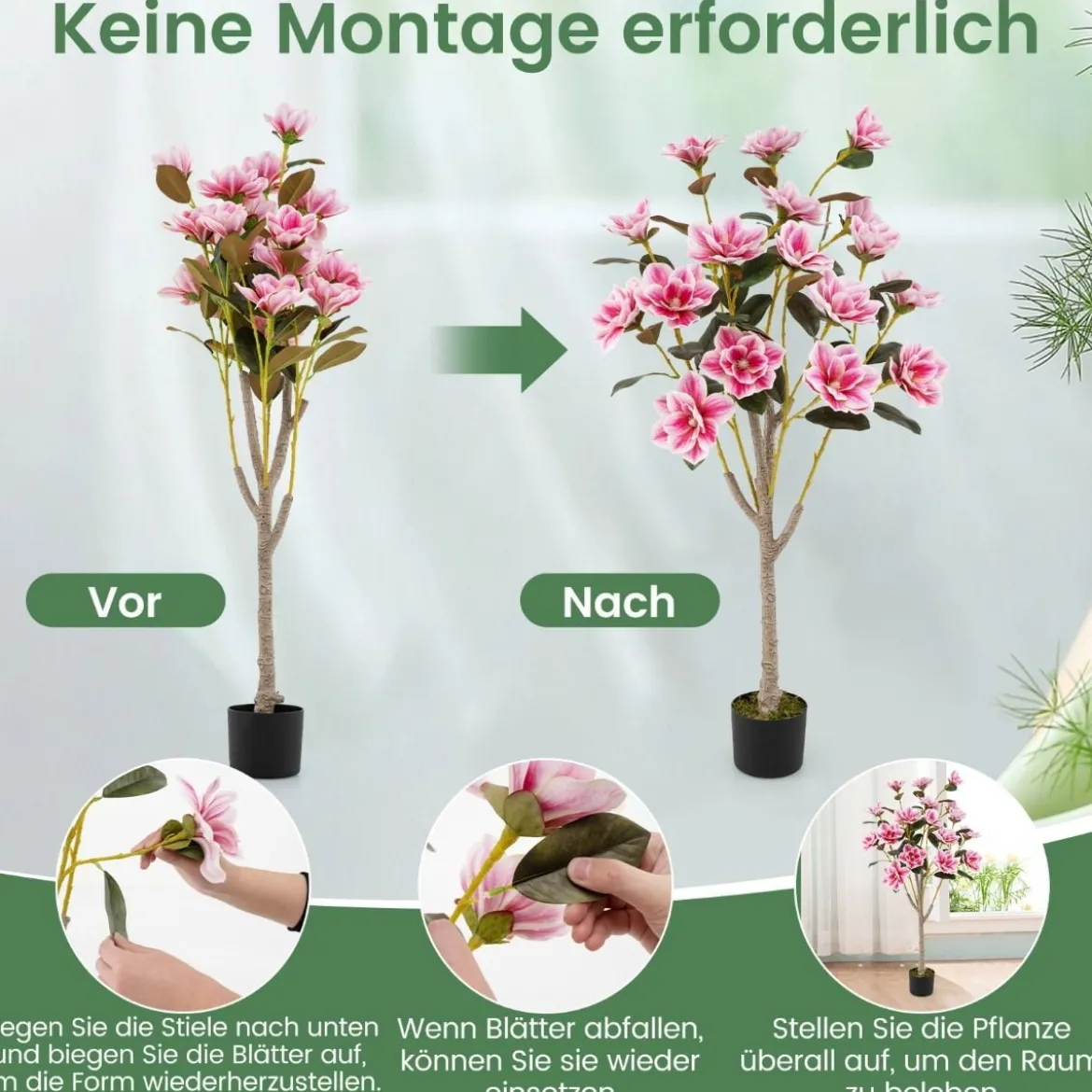 90 cm Kunstbaum mit Blüten Künstlicher Magnolienbaum Kunstpflanze im Topf Kamelienpflanze