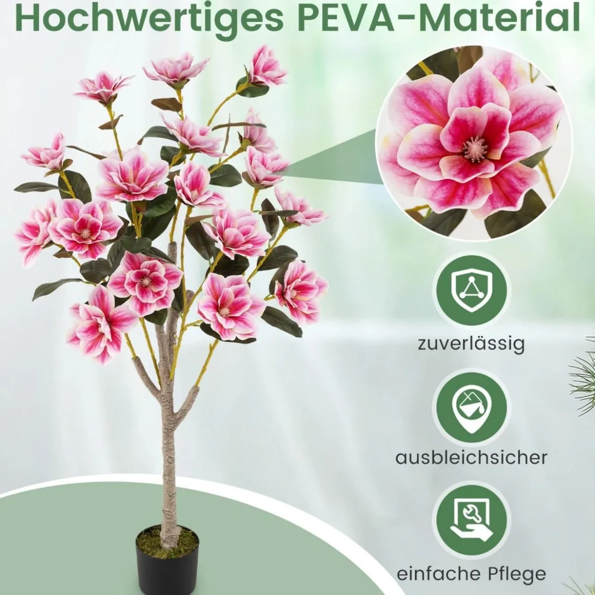90 cm Kunstbaum mit Blüten Künstlicher Magnolienbaum Kunstpflanze im Topf Kamelienpflanze