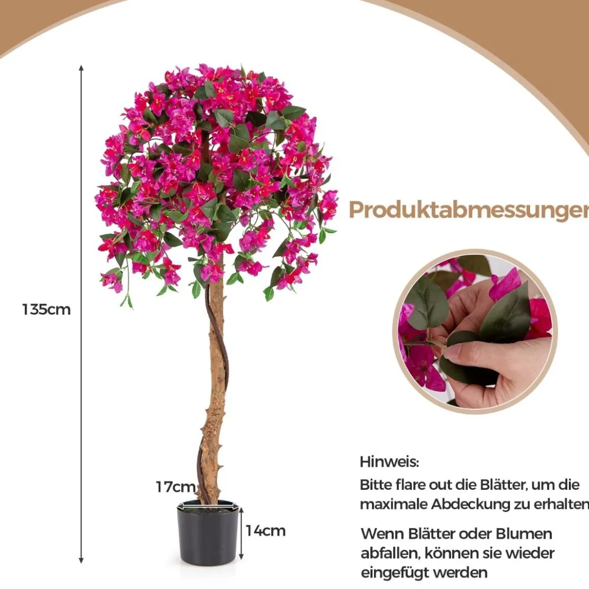 135 cm Kunstbaum mit Blüten Kunstpflanze im Topf Künstlicher Baum mit Azalee-Blumen